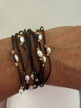 Handmade Black Leather Wrap Bracelet with White Pearls and Gold Accents